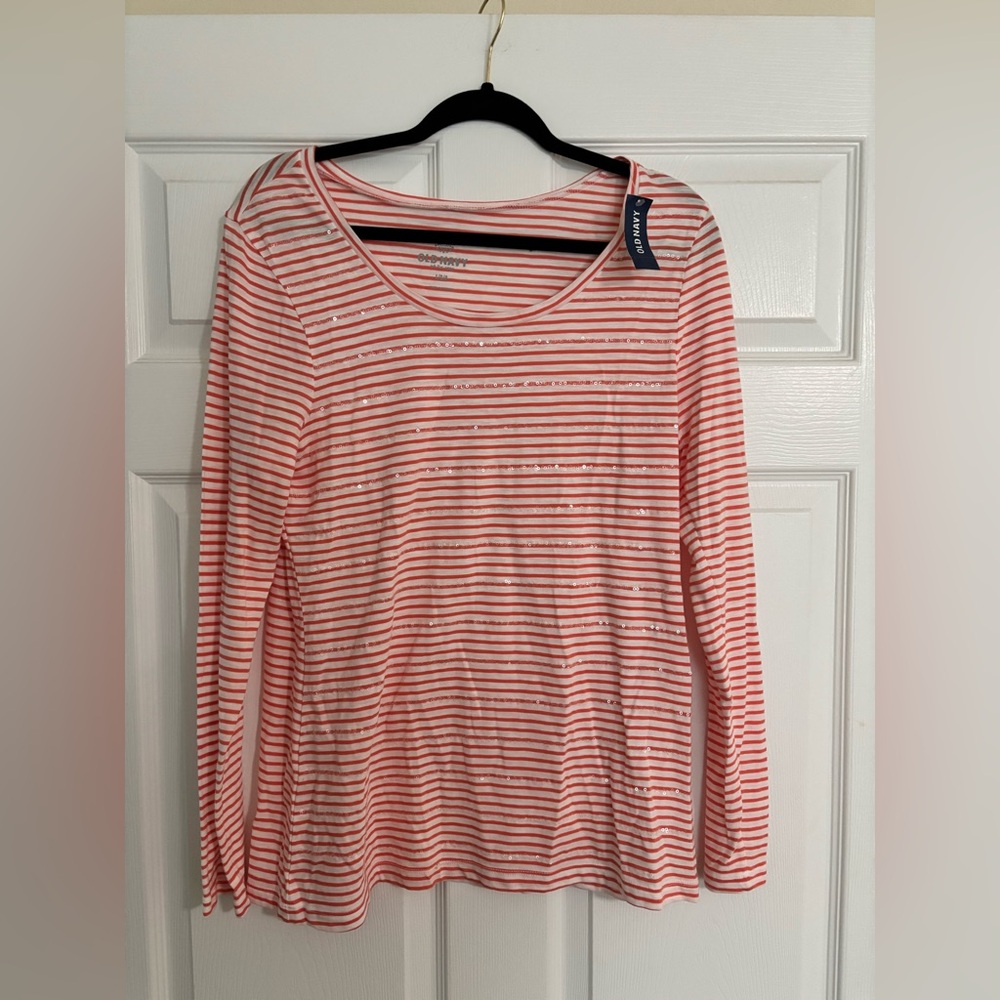 Old Navy Coral & White Striped Long-Sleeve Tee with Sequin Detail
